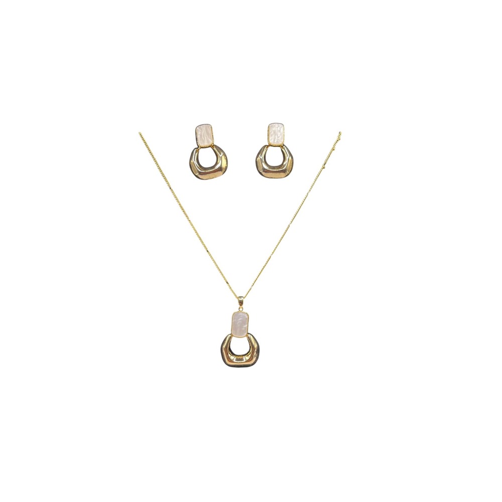 Gold Stainless Steel Jewelry Set Necklace Earrings Mother of Pearl Style Inlay